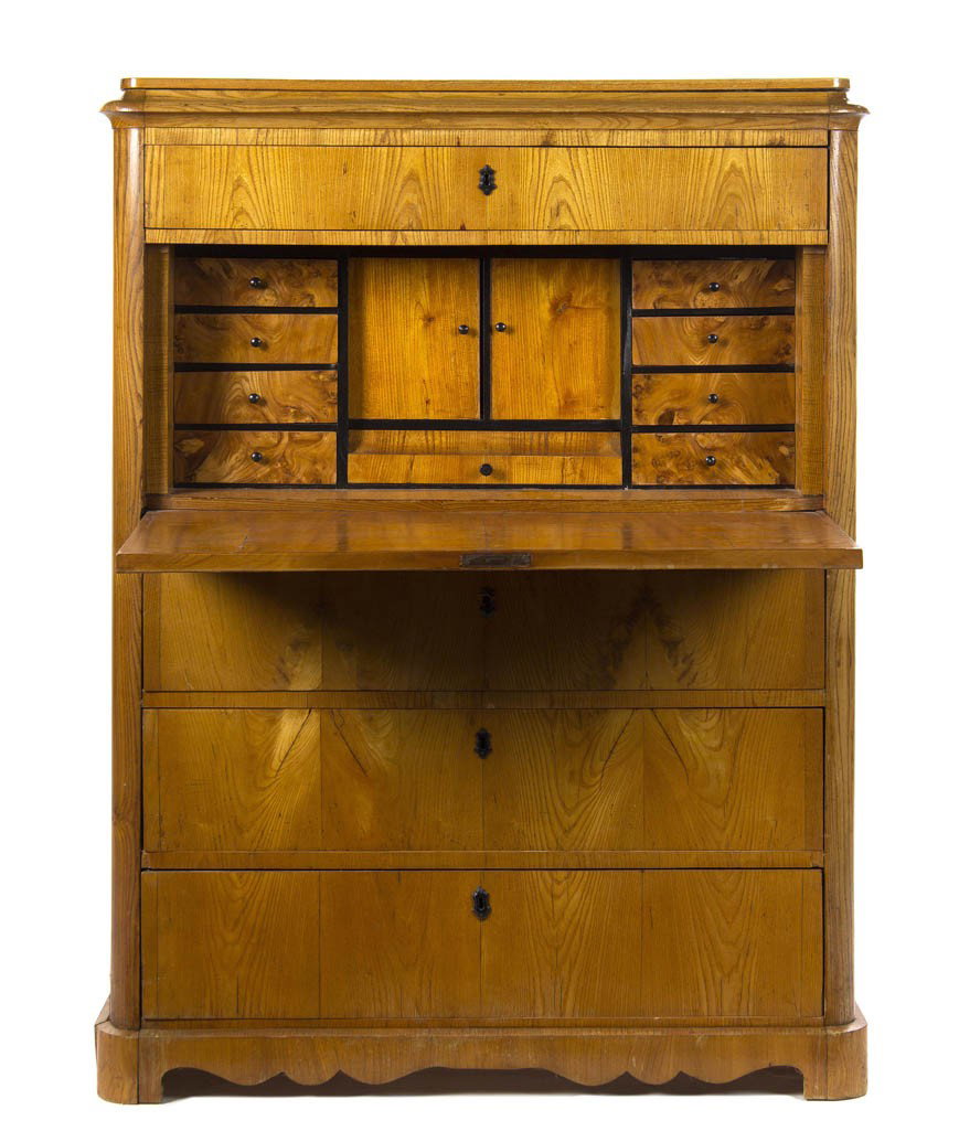 A Biedermeier Secretaire a Abattant, Height 54 x w: A Biedermeier Secretaire a Abattant, having a rectangular top over a single drawer above the fall front writing surface opening to a fitted interior, further set with three drawers and raised on a sha