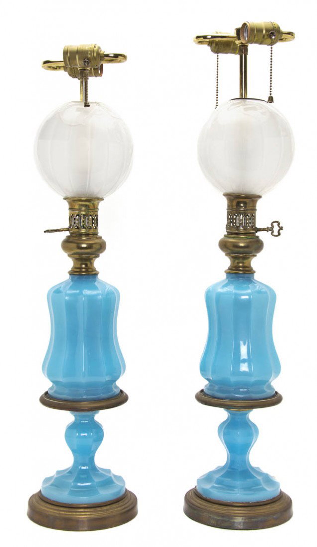 A Pair of French Opaline Glass Oil Lamps, Height o: A Pair of French Opaline Glass Oil Lamps, each of faceted baluster form, electrified. Height overall 31 inches. Property from the Collection of Mr. Richard Himmel, Palm Beach, Florida
