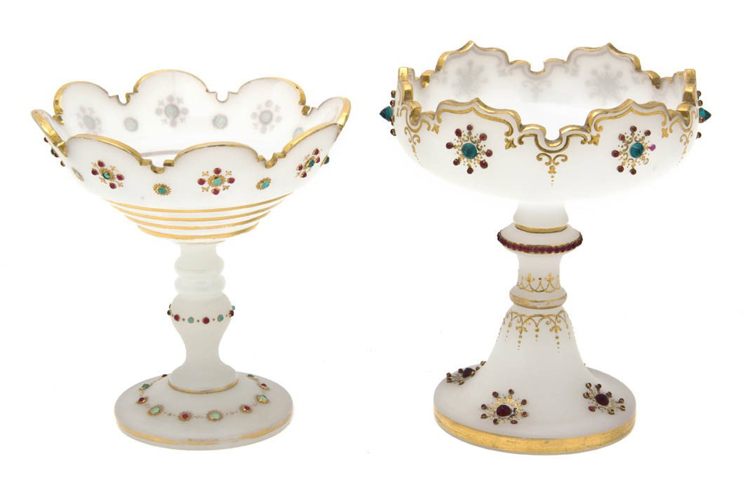 Twp Jeweled Opaline Glass Compotes, Height 6 1/4 i: Twp Jeweled Opaline Glass Compotes, having scalloped bowls and gilt decoration. Height 6 1/4 inches.
