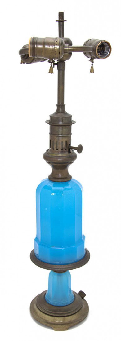 A French Opaline Glass Lamp, Height overall 23 1/2: A French Opaline Glass Lamp, of faceted baluster form, having faux oil fittings. Height overall 23 1/2 inches. Property from the Collection of Mr. Richard Himmel, Palm Beach, Florida