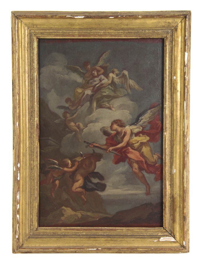 Continental School, (19th century), Angels and Put: Continental School (19th century) Angels and Putti Amidst Clouds oil on canvas 16 x 10 3/4 inches.