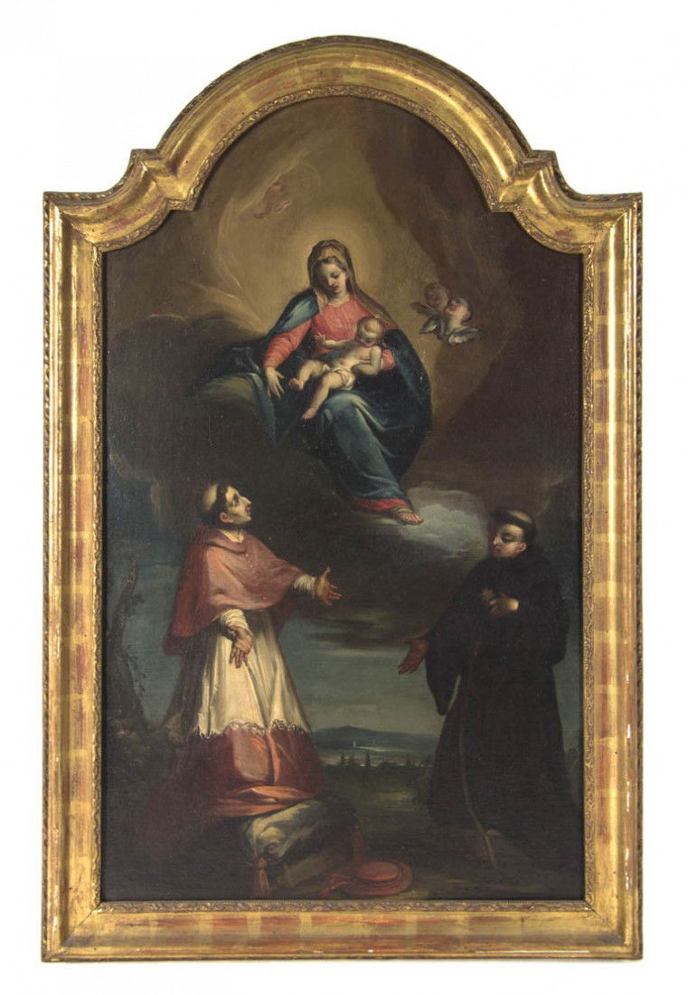 Continental School, (19th century), Madonna and Ch: Continental School (19th century) Madonna and Child with Monks oil on canvas 31 1/2 x 19 inches.