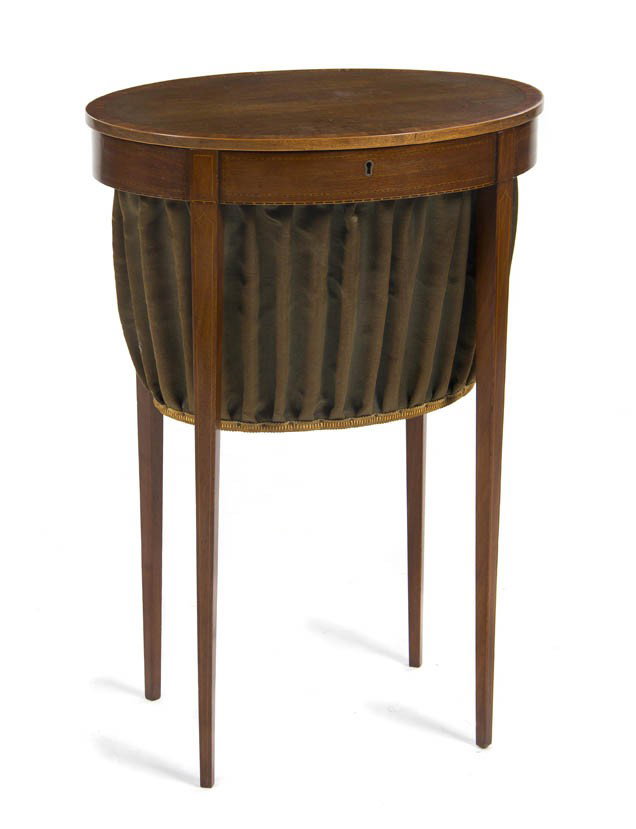 An American Federal Mahogany Work Table, Height 28: An American Federal Mahogany Work Table, the top of elliptical form over a plain frieze fitted with one short drawer, raised on square tapering legs with stringing inlay. Height 28 1/2 x width 14 3/4 