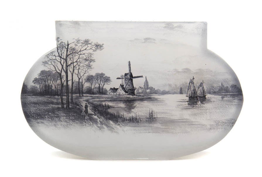 A Daum Enameled Glass Vase, Width 7 inches.: A Daum Enameled Glass Vase, of oval form decorated with a continuous scene of sailboats and a windmill, signed Daum Nancy with the Cross of Lorraine. Width 7 inches.