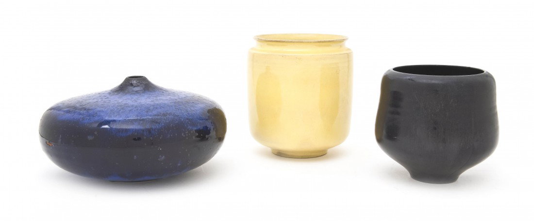 A Group of Three Gertrud and Otto Natzler Pottery : A Group of Three Gertrud and Otto Natzler Pottery Vases, comprising a blue crystalline glaze example, one in monochrome yellow, the last in monochrome black. Diameter of first 6 3/4 inches. Property f