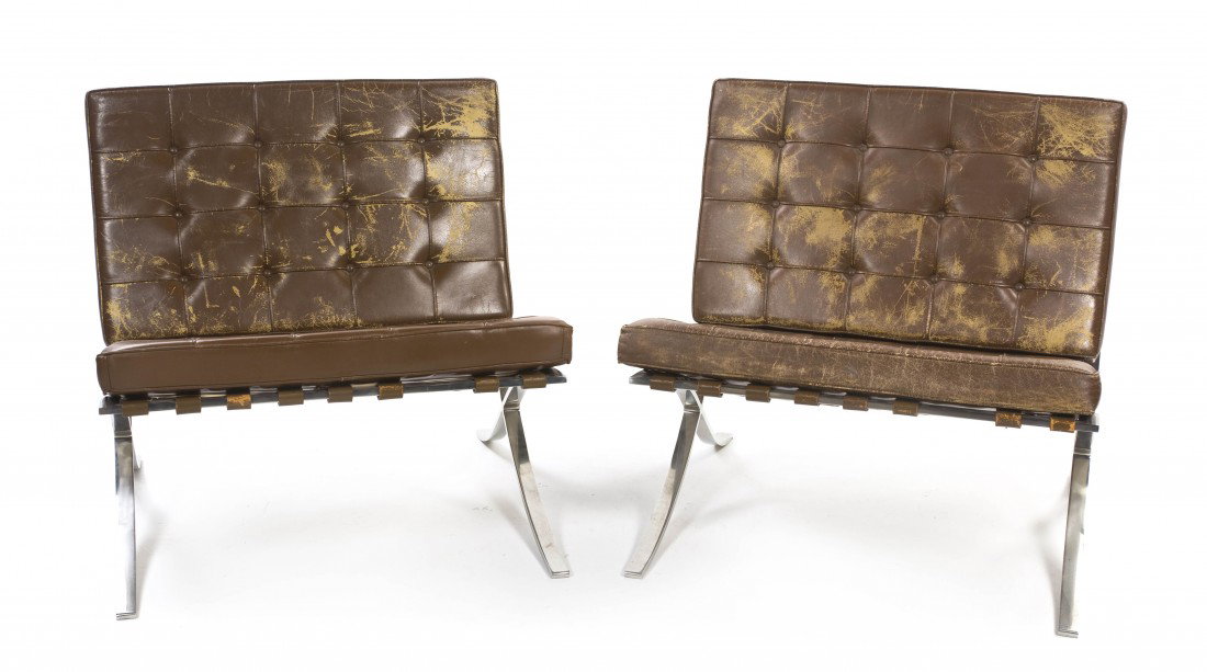 A Pair of Chrome and Leather Barcelona Chairs, Mie: A Pair of Chrome and Leather Barcelona Chairs, Mies Van Der Rohe for Knoll International, having brown leather upholstered backs and seats within the conforming chrome frames. Height 28 inches