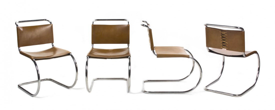 A Set of Four Leather and Chrome MR Lounge Chairs,: A Set of Four Leather and Chrome MR Lounge Chairs, Mies Van Der Rohe for Knoll International, having lace-on leather upholstery over the chromed steel frames. Height 30 1/4 inches.