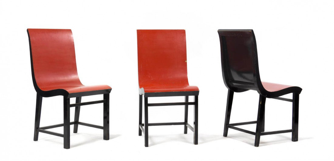 A Set of Three Lacquered Side Chairs, Werner West,: A Set of Three Lacquered Side Chairs, Werner West, each having a molded plywood seat raised on two square and two tapering legs joined by stretchers. Height 34 1/2 inches.