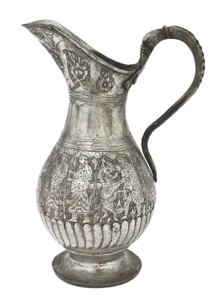 A Middle Eastern Silvered Metal Ewer, Height 11 5/: A Middle Eastern Silvered Metal Ewer, of baluster form with a continuous band of engraved animals and figures. Height 11 5/8 inches.