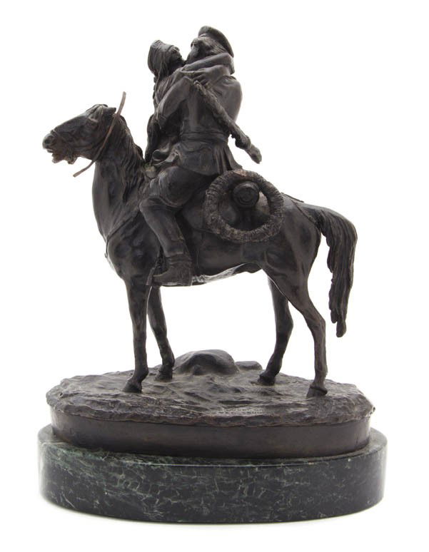 A Russian Bronze Figural Group, Vasilii Grachev (1: A Russian Bronze Figural Group, Vasilii Grachev (1831-1905), depicting a Cossack farewell kiss, signed in Cyrillic with Woerffel foundry mark, set on a marble plinth. Height of bronze 9 1/8 inches.
