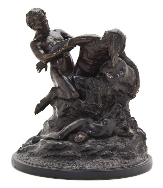 A French Bronze Figural Group, Aime-Jules Dalou (1: A French Bronze Figural Group, Aime-Jules Dalou (1838-1902), depicting two satyres spying on a nude female, signed DALOU with A.A. Hebrard foundry mark. Height 9 3/4 inches.