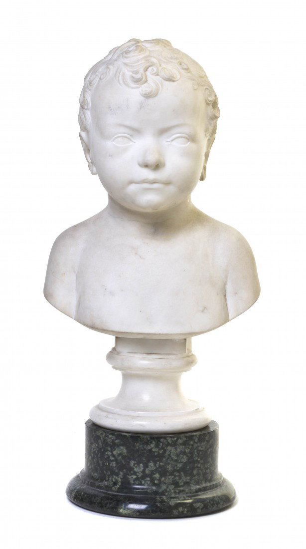 An Italian Marble Bust, Height overall 17 1/4 inch: An Italian Marble Bust, depicting a young boy, raised on a conforming socle and later plinth base. Height overall 17 1/4 inches. Property from the Estate of Jean Ross, Lake Forest, Illinois