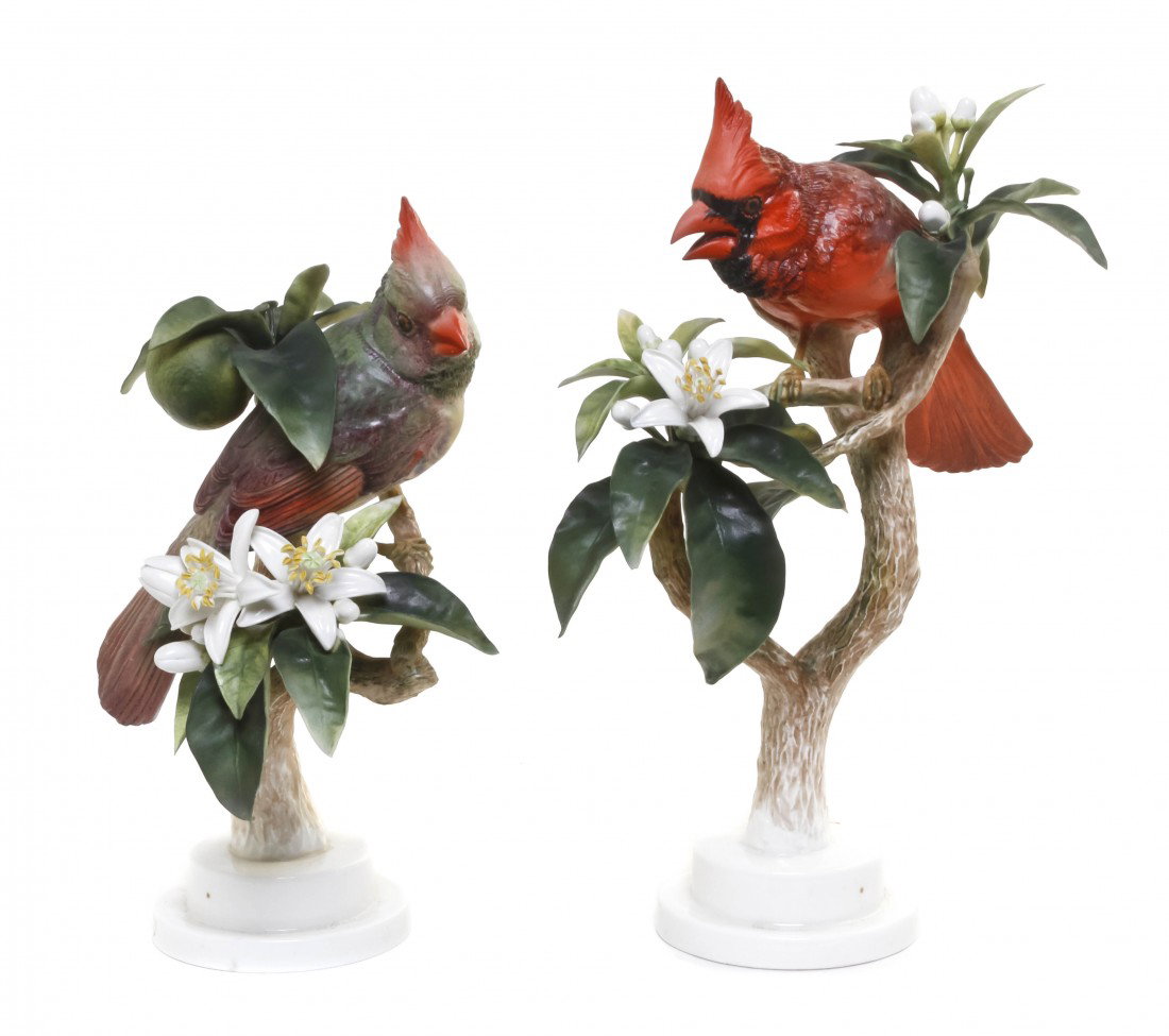 A Pair of Royal Worcester Dorothy Doughty Birds, R: A Pair of Royal Worcester Dorothy Doughty Birds, Red Cardinals, perched on orange blossoms. Height 12 1/2 inches.