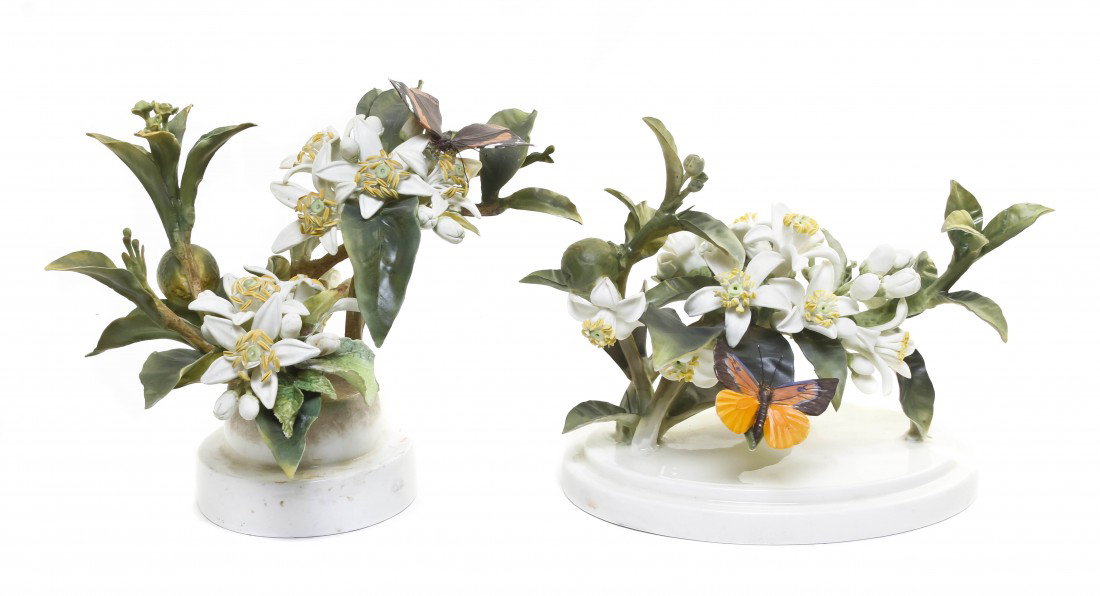 A Pair of Royal Worcester Dorothy Doughty Orange B: A Pair of Royal Worcester Dorothy Doughty Orange Blossom Sprays, with butterflies. Height 5 1/2 inches.