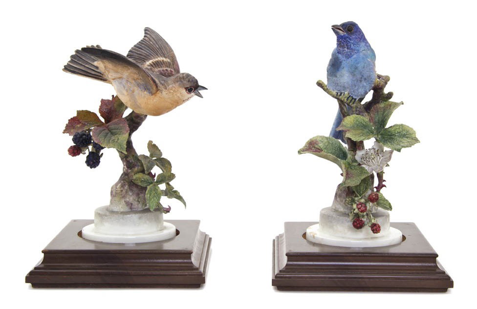 A Group of Royal Worcester Dorothy Doughty Birds, : A Group of Royal Worcester Dorothy Doughty Birds, Indigo Buntings, perched on blackberry branches. Height 9 inches.
