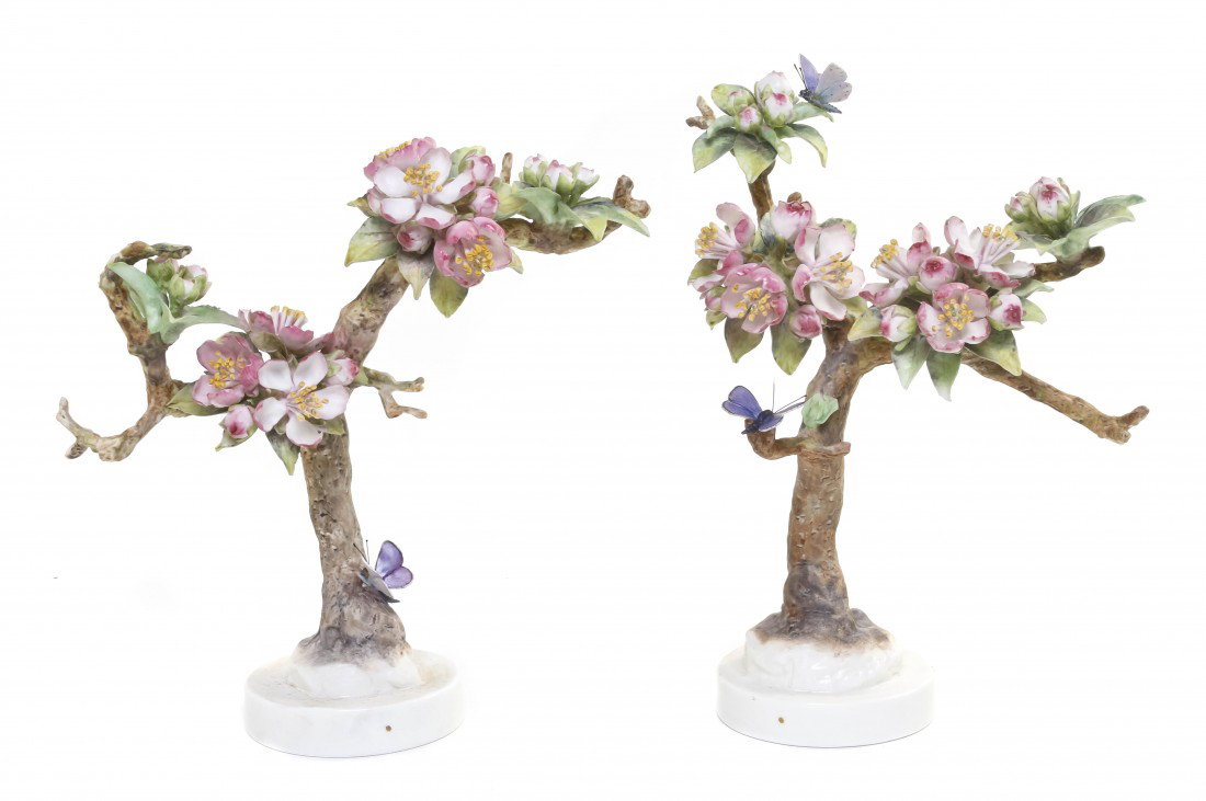 A Pair of Royal Worcester Dorothy Doughty Crab App: A Pair of Royal Worcester Dorothy Doughty Crab Apple Sprays, with butterflies. Height 9 1/2 inches.