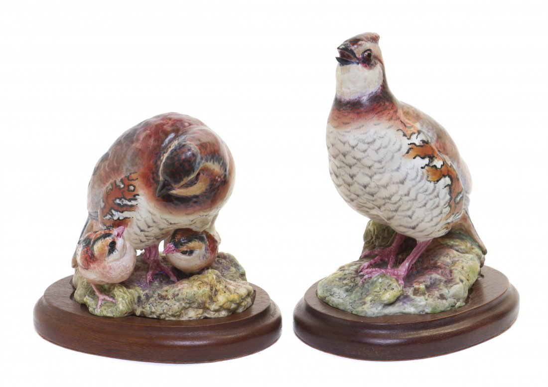 A Pair of Royal Worcester Dorothy Doughty Birds, B: A Pair of Royal Worcester Dorothy Doughty Birds, Bob White Quail, with chicks. Height 7 inches.