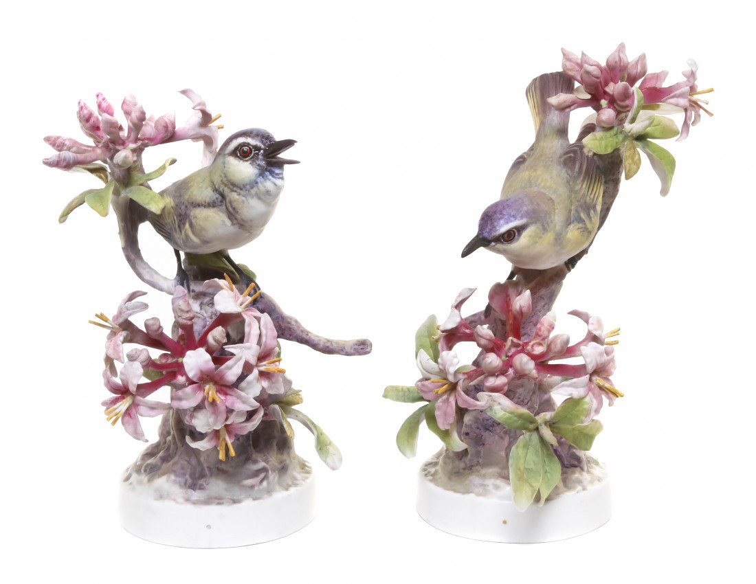A Pair of Royal Worcester Dorothy Doughty Birds, R: A Pair of Royal Worcester Dorothy Doughty Birds, Red Eyed Vereos, perched on a swamp azalea. Height 8 1/4 inches.