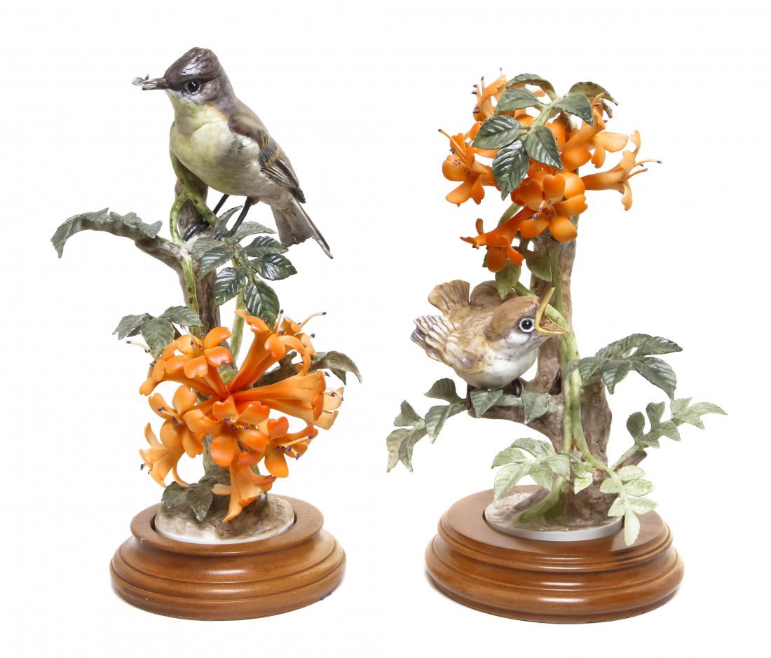 A Pair of Royal Worcester Dorothy Doughty Birds, P: A Pair of Royal Worcester Dorothy Doughty Birds, Phoebes, perched on flame vine. height 10 1/4 inches.