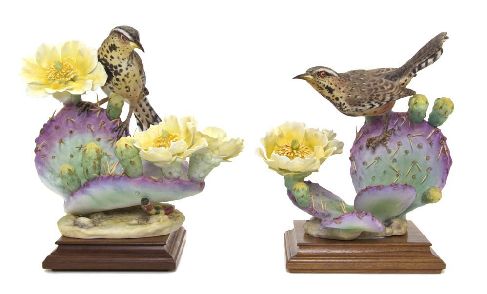 A Pair of Royal Worcester Dorothy Doughty Birds, C: A Pair of Royal Worcester Dorothy Doughty Birds, Cactus Wrens, perched on prickly pear. Height 11 inches.