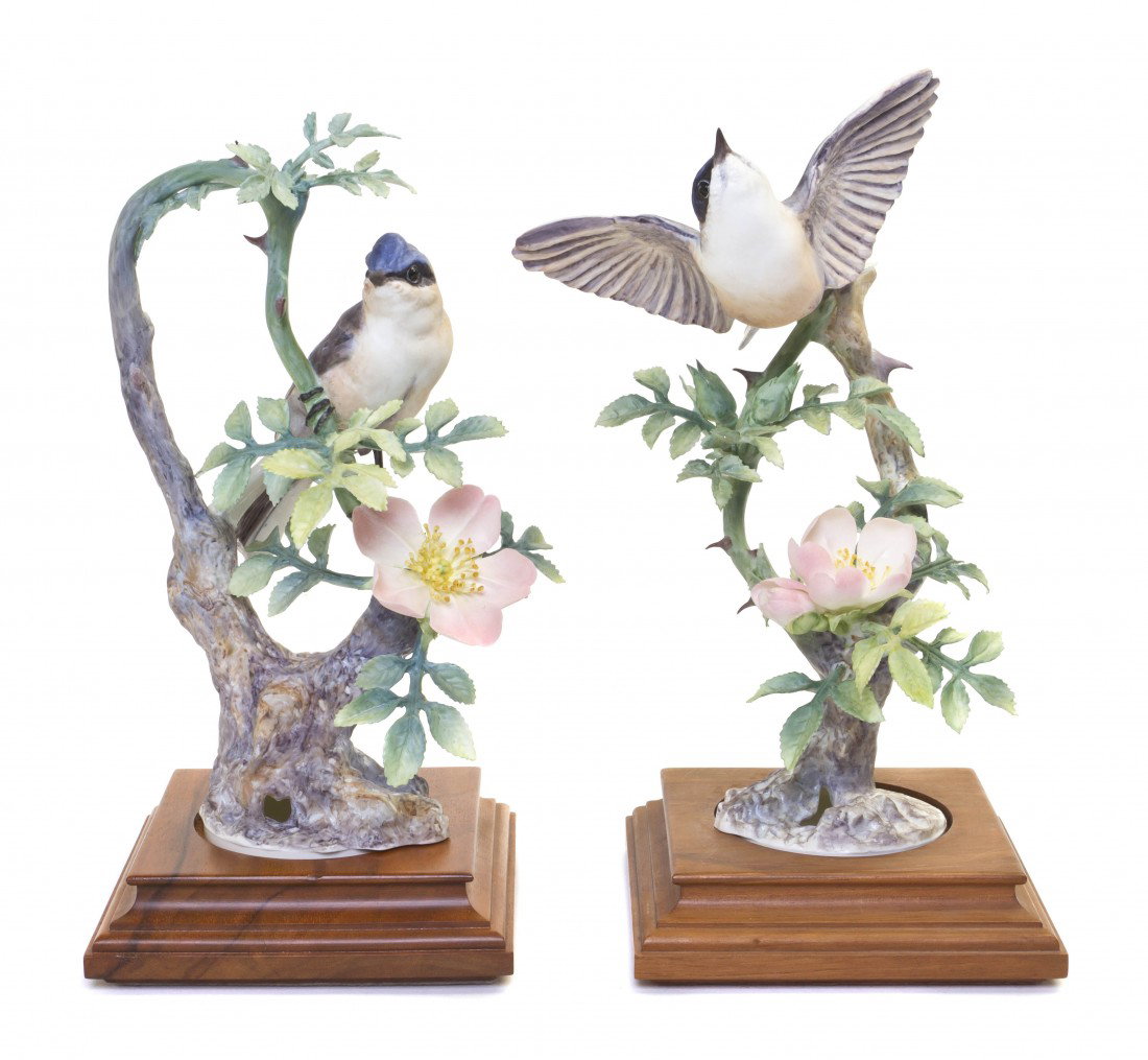 A Pair of Royal Worcester Dorothy Doughty Birds, L: A Pair of Royal Worcester Dorothy Doughty Birds, Lesser Whitethroats, perched on wild rose. Height 10 inches.