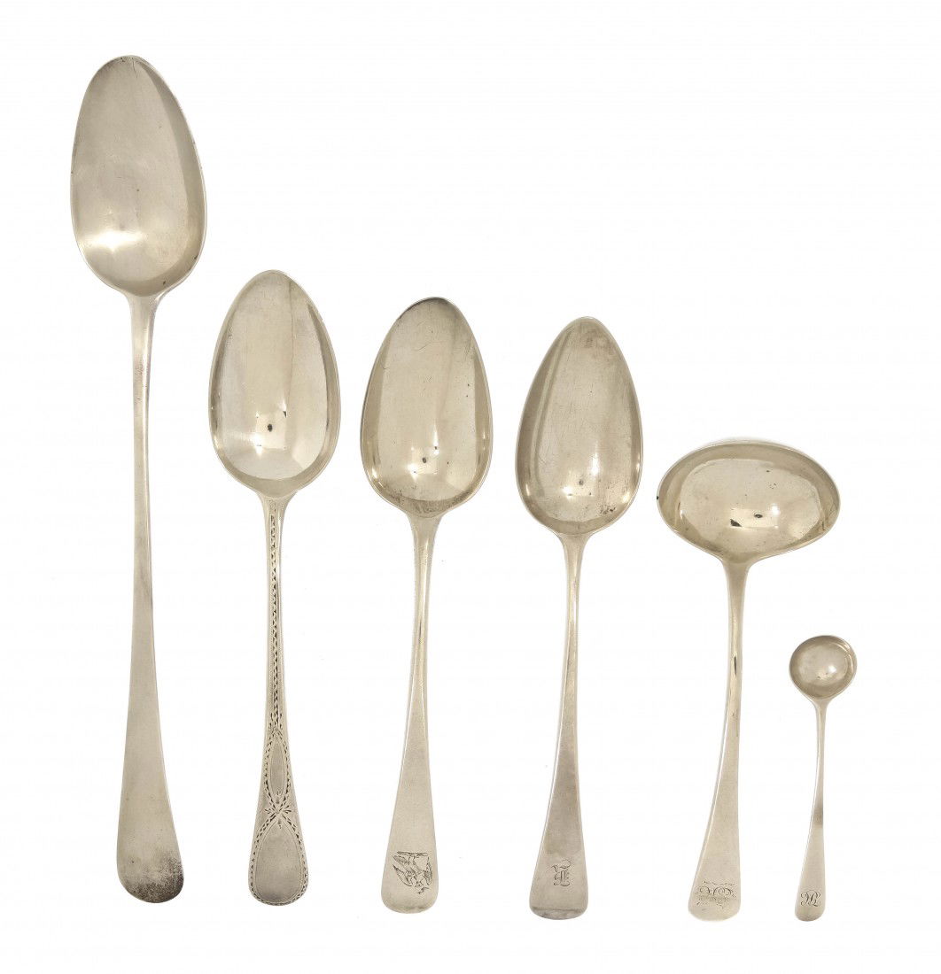 A Collection of Seven English Silver Flatware Arti: A Collection of Seven English Silver Flatware Articles, comprising a basting spoon by William Sumner, 1787, a serving spoon by Thomas Northcote, 1790, a serving spoon with bright cut decoration by Pet