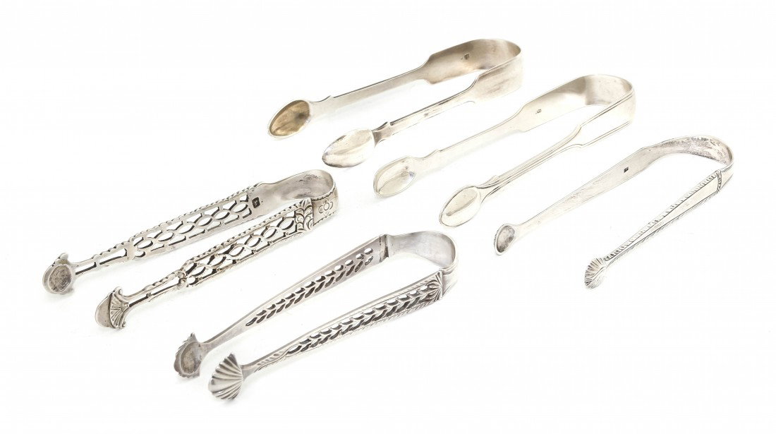 A Collection of Five English Silver Sugar Tongs, L: A Collection of Five English Silver Sugar Tongs, comprising two London examples including George William Adams, 1841, monogrammed with a bust of a lion and H.J. Lias & Son, 1853, monogrammed R, a thir