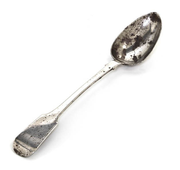 A Scottish Silver Stuffing Spoon, Charles Robb & S: A Scottish Silver Stuffing Spoon, Charles Robb & Sons, Edinburgh, 1881, of fiddle back form, monogrammed with a T; approximate weight 4.25 ozt. Length 11 3/4 inches. Property from the Collection of Er