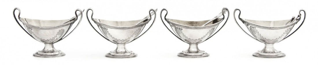 An English Silver Master Salt Set, Walter and John: An English Silver Master Salt Set, Walter and John Barnard, London, 1882, comprising four double handled urn form footed salts having vermeil interiors and three salt spoons, together with an associat