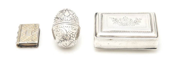 Three English Silver Pocket Articles, Height 1 1/2: Three English Silver Pocket Articles, comprising an egg form nutmeg grater by Samuel Meriton, a patch box by Joseph Willmore and a vinaigrette; approximate weight overall 2.25ozt. Height 1 1/2 inches.