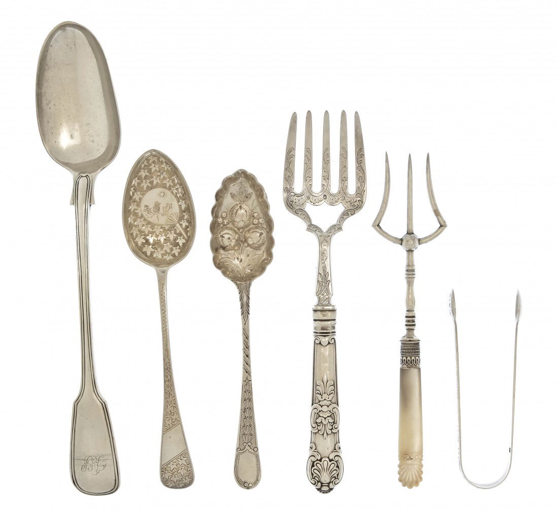 A Collection of English Silver Serving Articles,: A Collection of English Silver Serving Articles, comprising two sets of berry spoons, a tea scoop, three meat forks, two serving spoons, a pair of sugar tongs, together with a French silver and brass