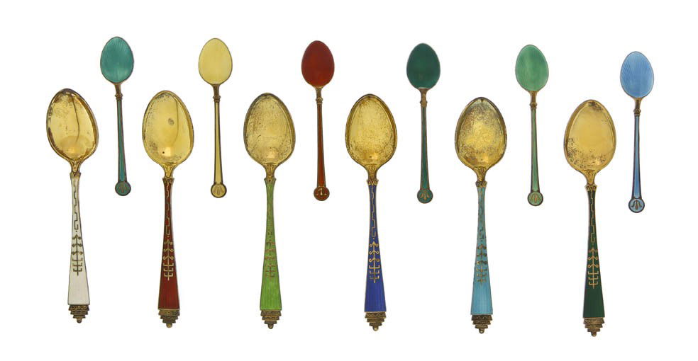 Two Sets of Six Norwegian Gilt Silver and Guilloc: Two Sets of Six Norwegian Gilt Silver and Guilloche Enameled Spoons, comprising a David Andersen set and a Kristian M. Hestenes set, each contained in a fitted case. Length of longer spoons 5 1/2 inch