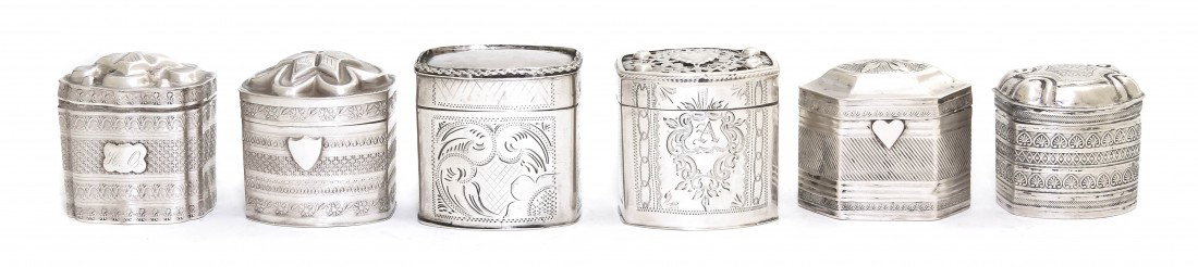 A Collection of Six Dutch Silver Snuff Boxes, Hei: A Collection of Six Dutch Silver Snuff Boxes, of various makers, forms and decoration; approximate total weight 4.45 ozt. Height of tallest 1 5/8 inches.