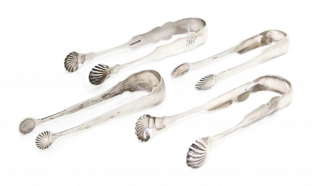 Four American Coin Silver Sugar Tongs, Length of: Four American Coin Silver Sugar Tongs, each having shell nips, comprising an example by Marquand & Co., New York, one by John O. Beebe, New York, one by Wiliam Pearman, Williamsburg and an example sta