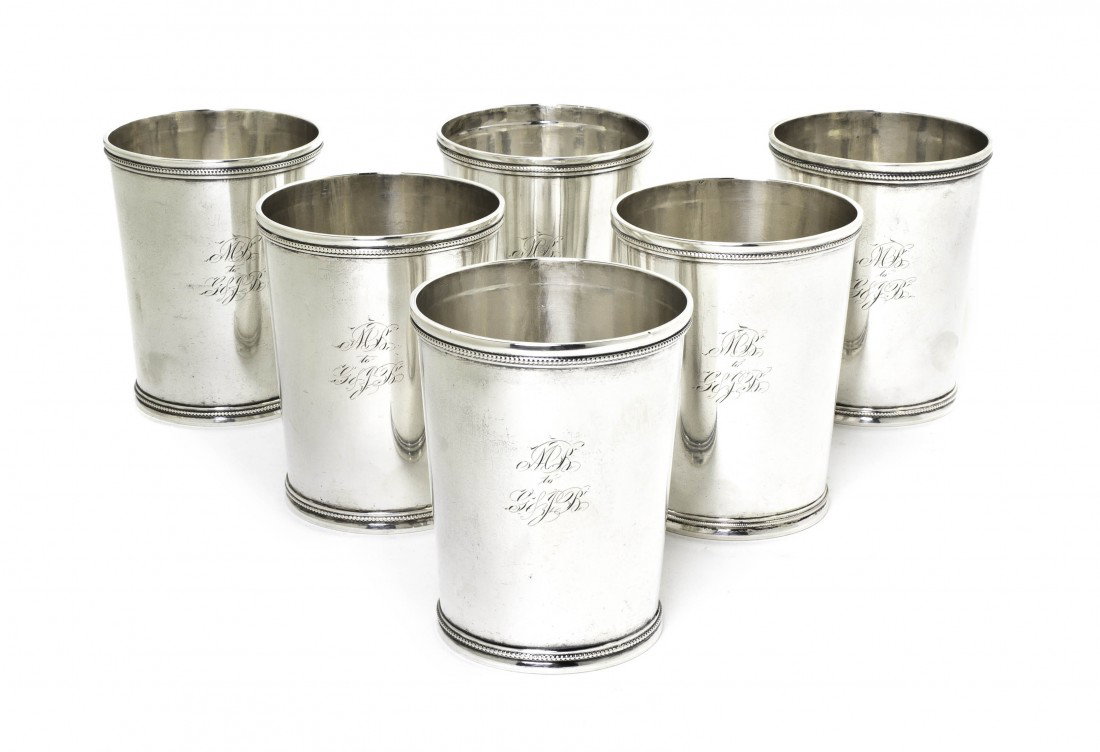 A Set of Six American Coin Silver Juleps, E. Jacc: A Set of Six American Coin Silver Juleps, E. Jaccard & Co., St. Louis, 19th century, each of tapering cylindrical form, having beaded rims and bases, monogrammed MB To G & JB; approximate total weight