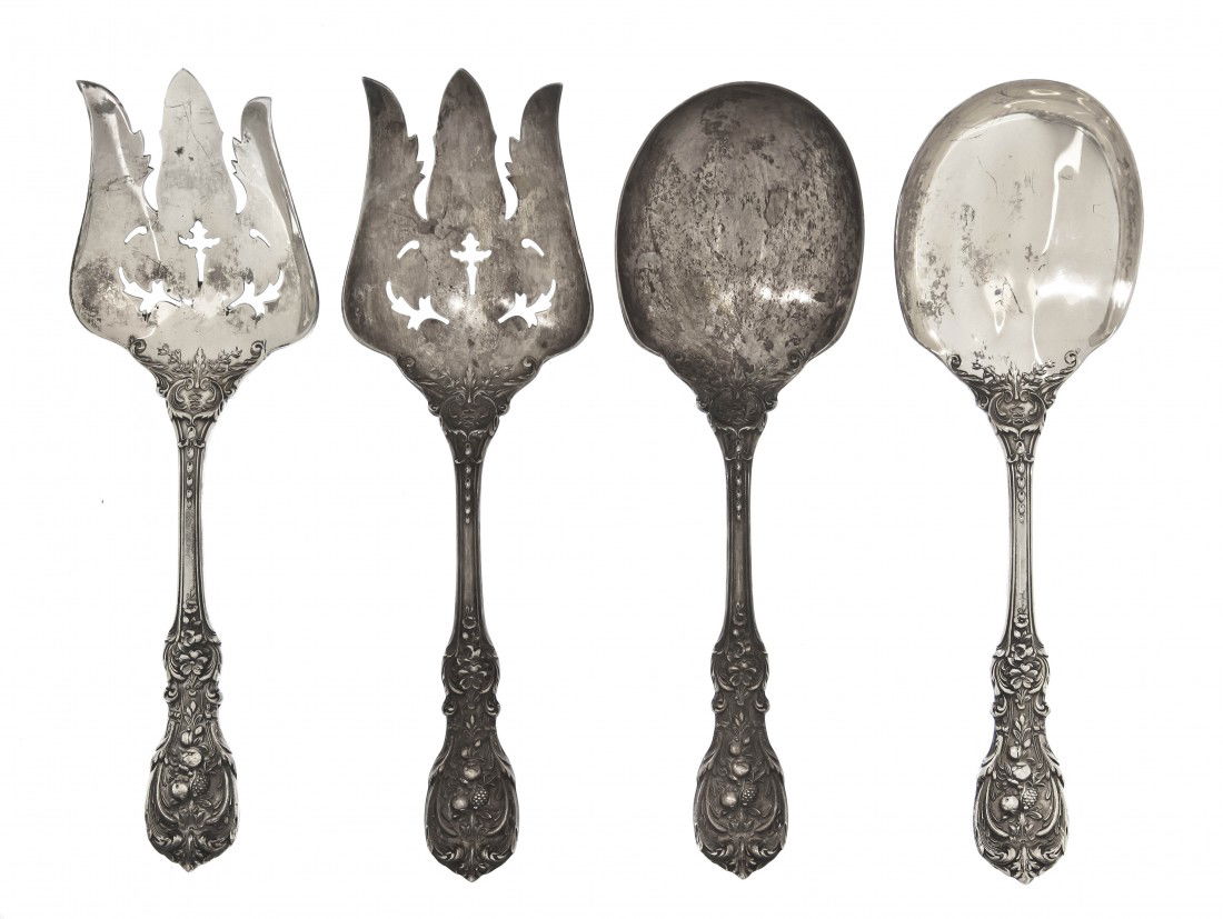 Two American Sterling Silver Salad Serving Sets,: Two American Sterling Silver Salad Serving Sets, Reed and Barton, each in the Francis I pattern and comprising a spoon and a fork; approximate weight 19.88 ozt. Length of longest 9 3/8 inches.