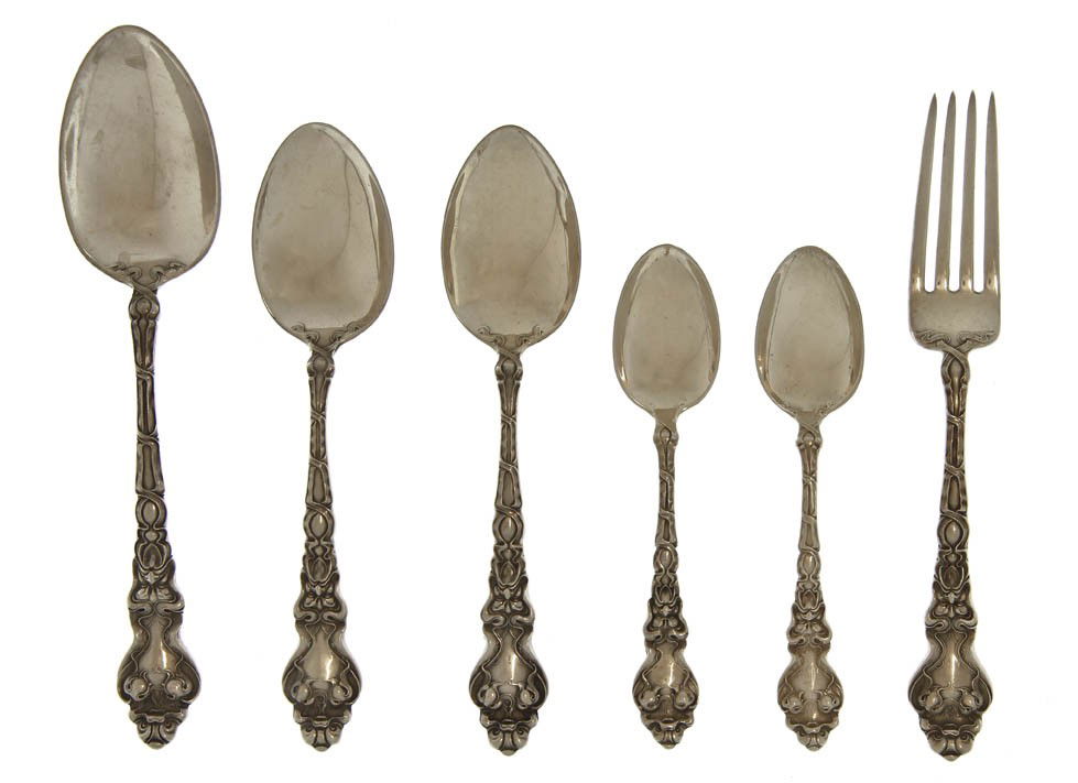 A Collection of Six American Sterling Silver Flat: A Collection of Six American Sterling Silver Flatware Articles, Unger Bros., in the Douvaine pattern, comprising a vegetable spoon, two tablespoons, two teaspoons and a dinner fork; approximate total