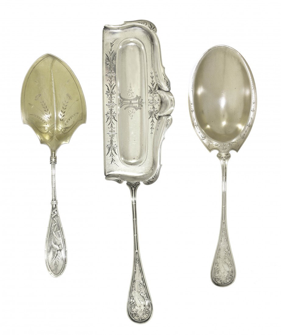 Three American Aesthetic Sterling Silver Flatware: Three American Aesthetic Sterling Silver Flatware Articles, each in the Audubon style, comprising a spoon by Black, Starr & Frost, a crumber by Starr & Marcus and a spoon by Whiting with a gilt wash a