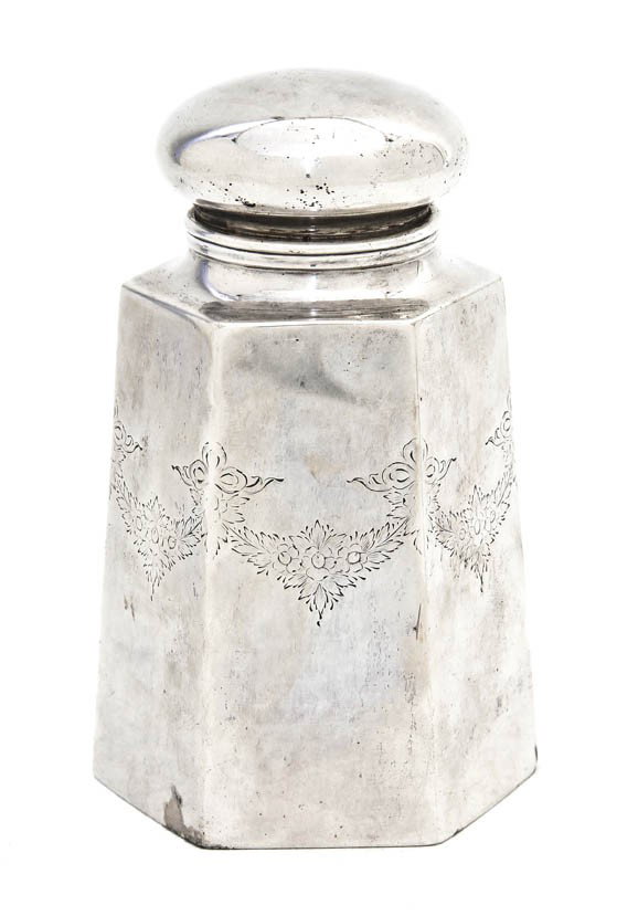 An American Sterling Silver Tea Caddy, Height 5 1: An American Sterling Silver Tea Caddy, of tapering hexagonal form; approximate total weight 5.49 ozt. Height 5 1/4 inches. Property from the Estate of Jean Ross, Lake Forest, Illinois