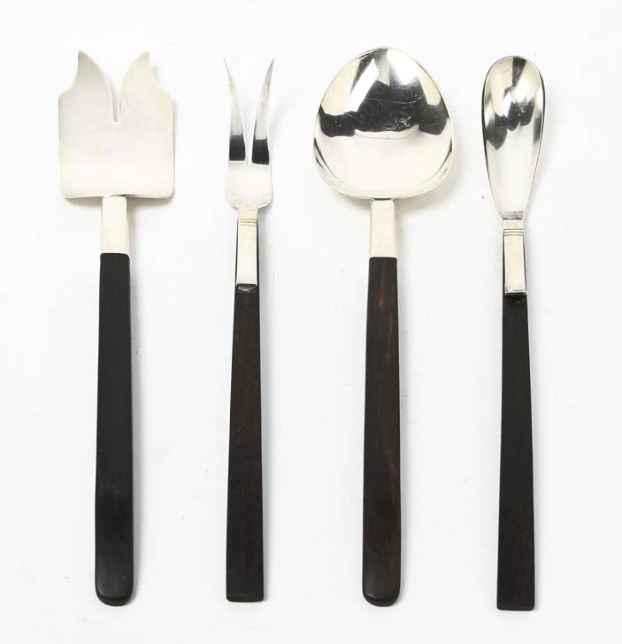 An American Arts & Crafts Sterling Silver Serving: An American Arts & Crafts Sterling Silver Serving Set, Porter Blanchard, Pacoima, California, comprising a salad fork and spoon, a meat fork and a stuffing spoon, each having a wood handle. Length of