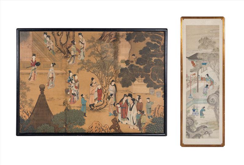 Two Chinese Ink and Color Paintings: Two Chinese Ink and Color Paintings (1) depicting ladies in gardens.(2) Attributed to Gai Qi (1773-1828) The right: (image) 62 1/4 in. x 44 1/4 in.; the left: (framed) 57 1/2 in. x 19 3/8 in.