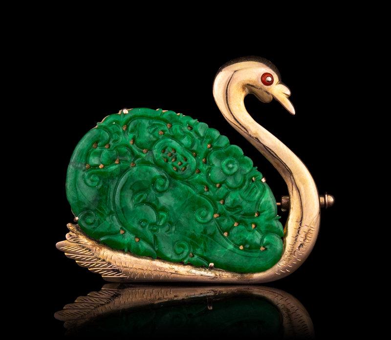 A Chinese Jadeite 'Swan' Brooch: A Chinese Jadeite 'Swan' Brooch Length1 3/4 in., 4.5 cm. This lot is located in Chicago. Size Length1 3/4 in., 4.5 cm.