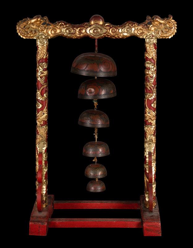A Set of Gongs with Matching Carved Gilt and Red Lacquered Wood Stand: A Set of Gongs with Matching Carved Gilt and Red Lacquered Wood Stand Height 33 1/4 in., 84.5 cm. Size Height 33 1/4 in., 84.5 cm.