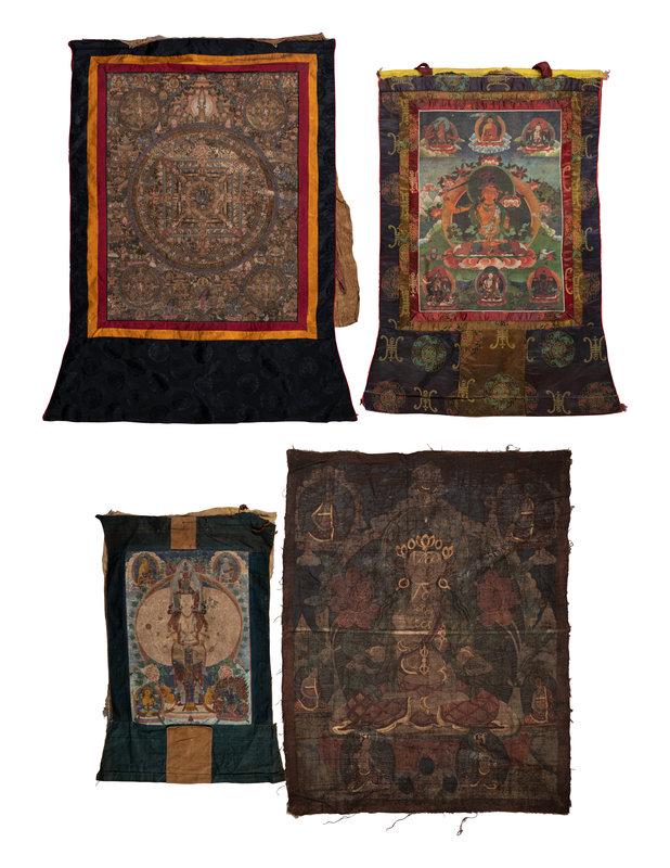 Four Tibetan Thangka: Four Tibetan Thangka Image of smallest 19 x 13 1/2 in., 47.5 x 34 cm. Property from the Estate of Richard S. Ravenal, Livingston Manor, New York Size Image of smallest 19 x