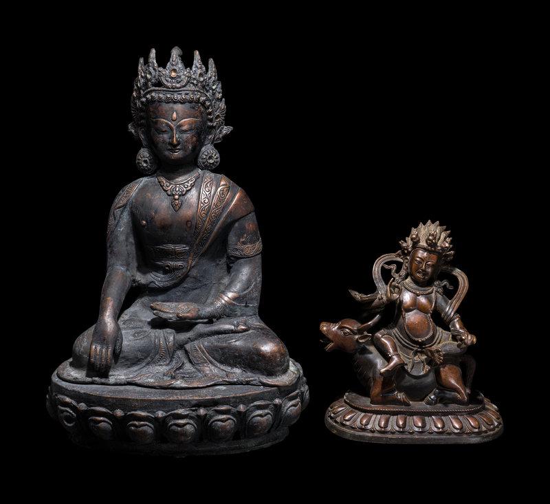 Two Sino-Tibetan Bronze Figures of Bodhisattva: Two Sino-Tibetan Bronze Figures of Bodhisattva Height of taller 15 in., 38 cm. This lot is located in Chicago. Size Height of taller 15 in., 38 cm.