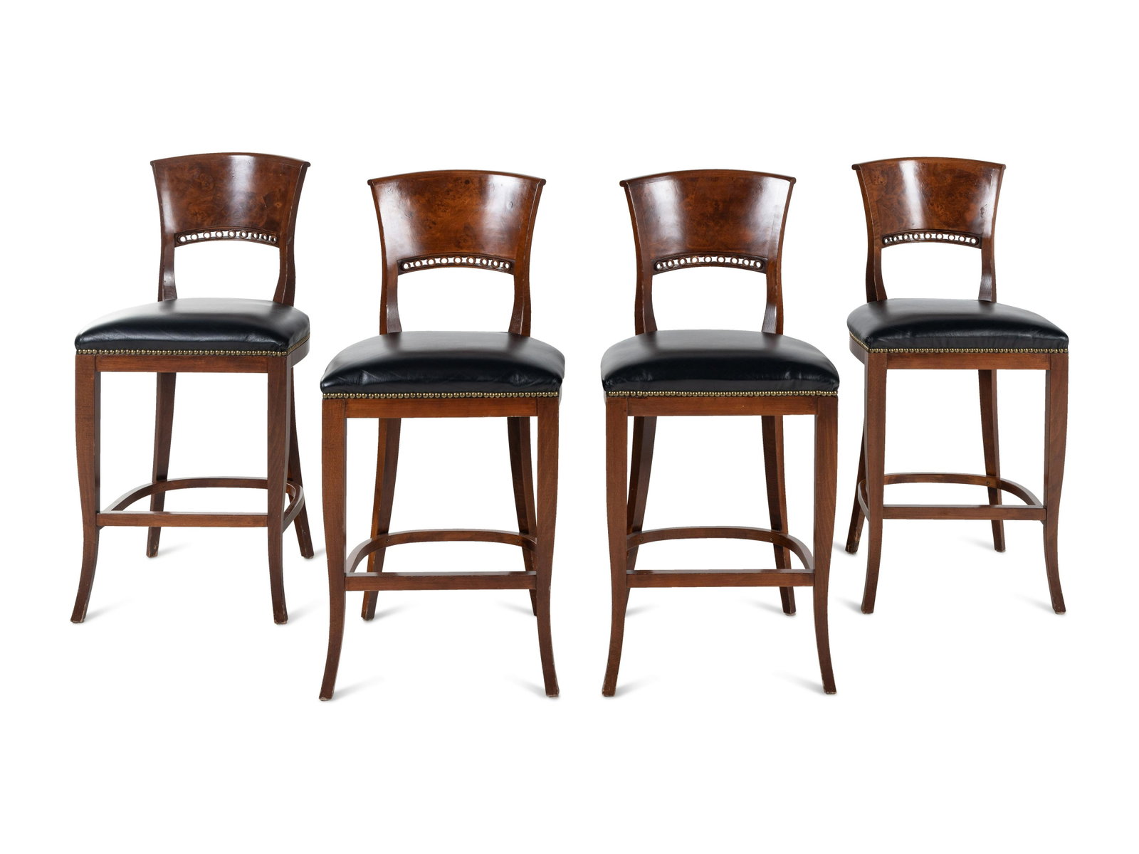 A Set of Four Burlwood Bar Stools: A Set of Four Burlwood Bar Stools 20th Century Height 39 1/2 x width 18 x depth 18 inches. This lot is located in Chicago.