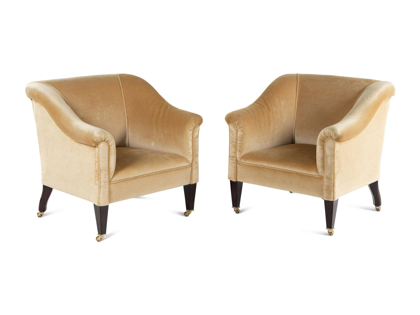 A Pair of George Smith Velvet Upholstered Armchairs: A Pair of George Smith Velvet Upholstered Armchairs 20th Century Height 33 x width 32 x depth 32 inches. This lot is located in Chicago.