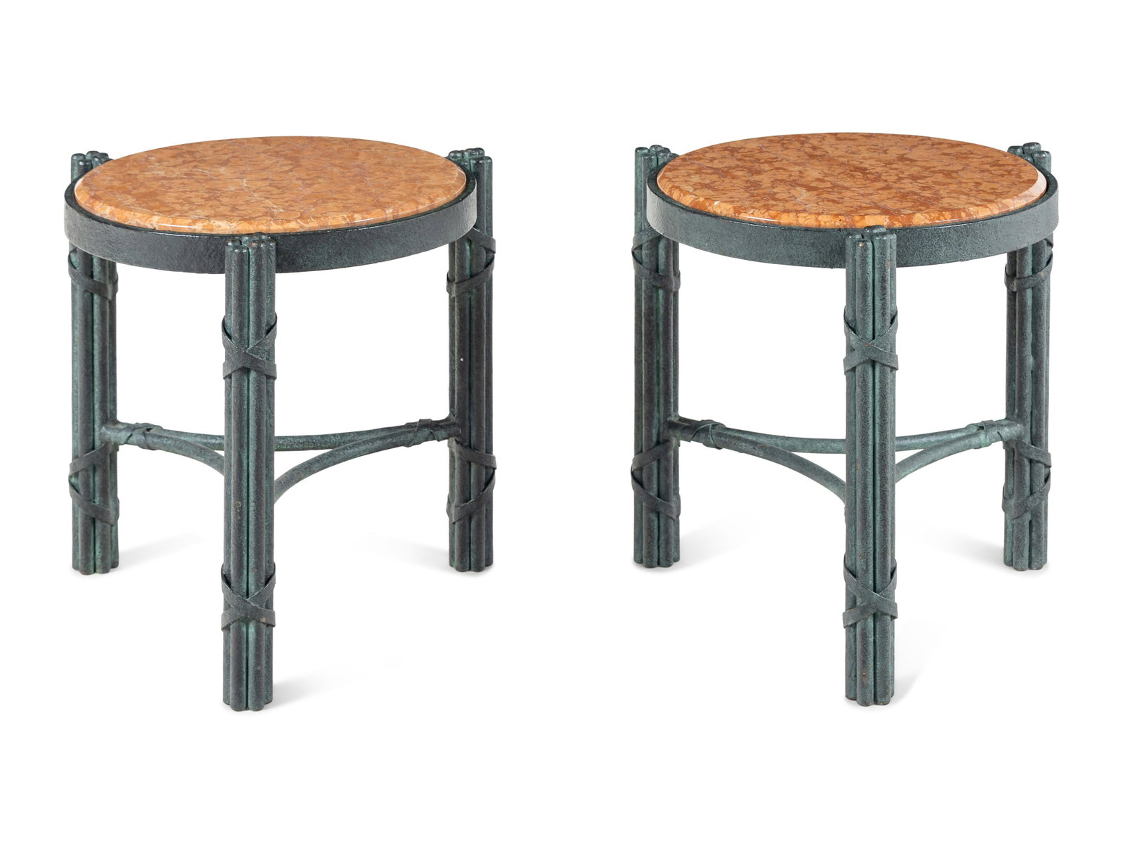 A Pair of Patinated Metal and Marble Side Tables: A Pair of Patinated Metal and Marble Side Tables 20th Century Height 18 1/2 x diameter 17 inches. This lot is located in Chicago.
