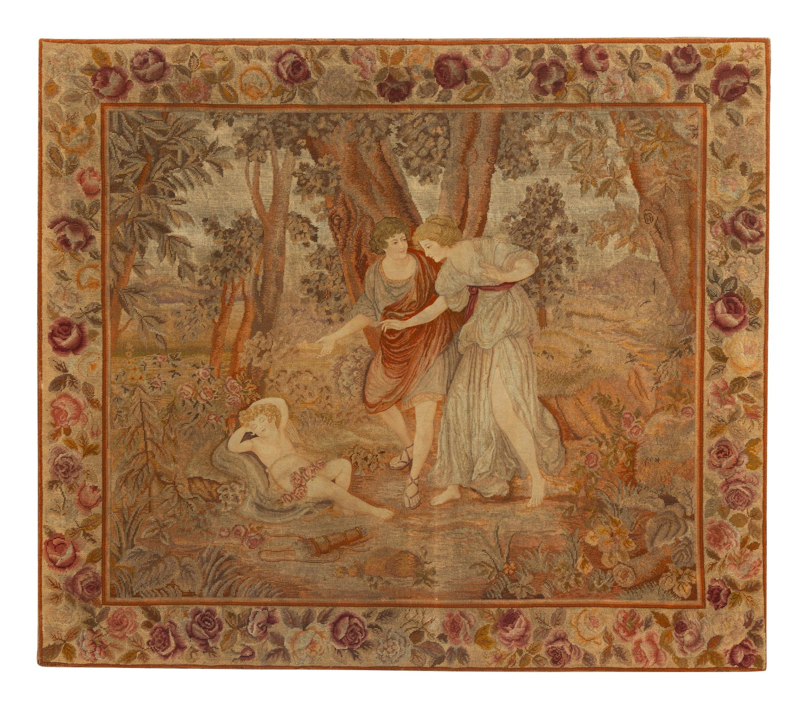 A Tapestry Panel Depicting a Couple Observing a Sleeping Putto: A Tapestry Panel Depicting a Couple Observing a Sleeping Putto 20th Century Mounted on a stretcher frame, with linen backing. Height 50 1/2 x width 57 1/2 inches. This lot is located in Palm Beach. Pr