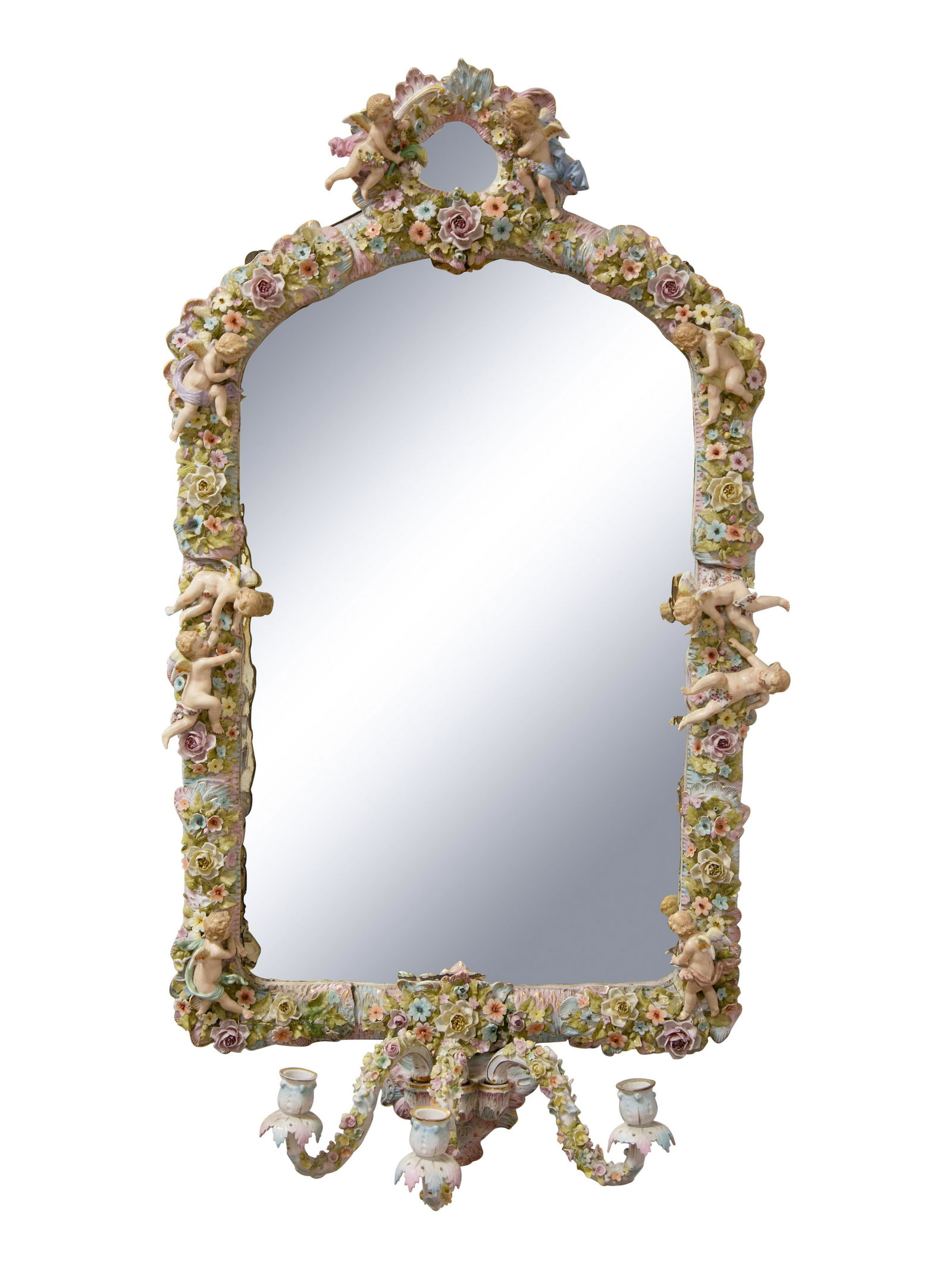 A Sitzendorf Porcelain Girandole Mirror: A Sitzendorf Porcelain Girandole Mirror 19th Century having fully sculptured putti figures, with three candle arms issuing from the bottom; having a finished wood backing. Height 44 x width 23 1/2 inc